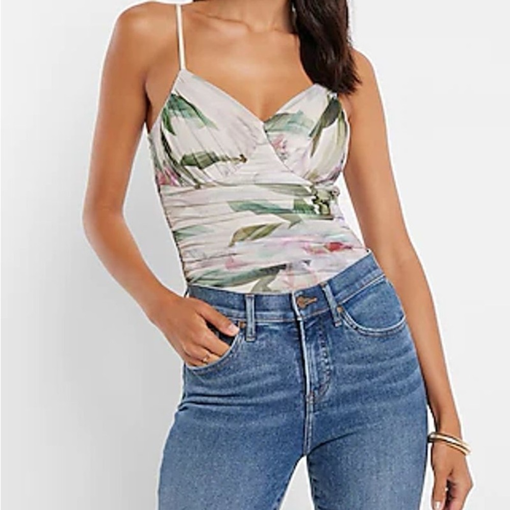 Express Body Contour Floral Print Mesh Thong Cami Bodysuit | Size Medium